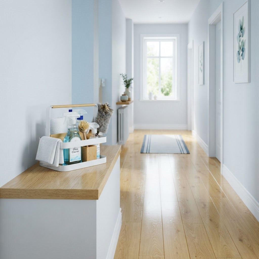 A clean, bright home hallway with neatly arranged cleaning supplies