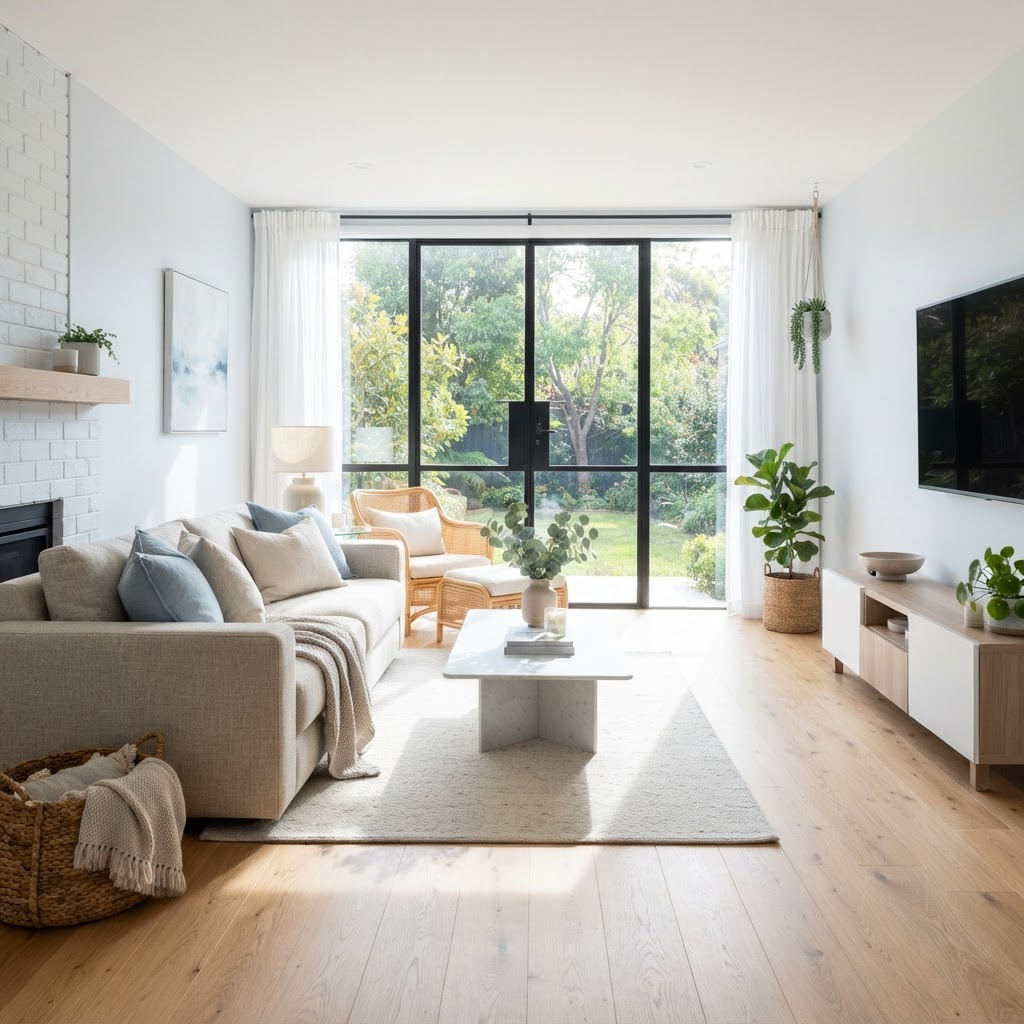 A bright, freshly cleaned living room with natural light